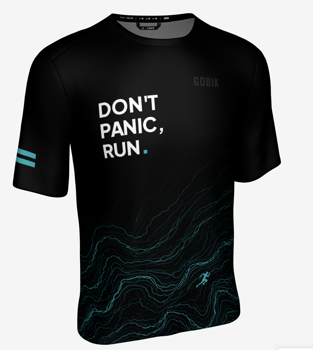 Fronte della maglia DPR, con il logo Don’t Panic, Run. e le linee turchesi